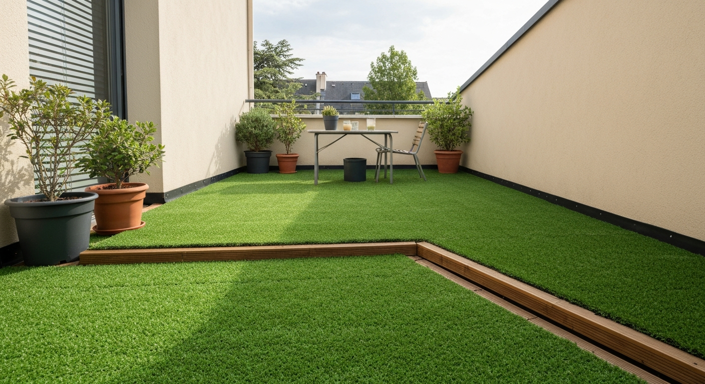 Terrasse urbaine française avec gazon artificiel posé proprement sur dalles et lames de bois, lumière douce de fin d'après-midi.