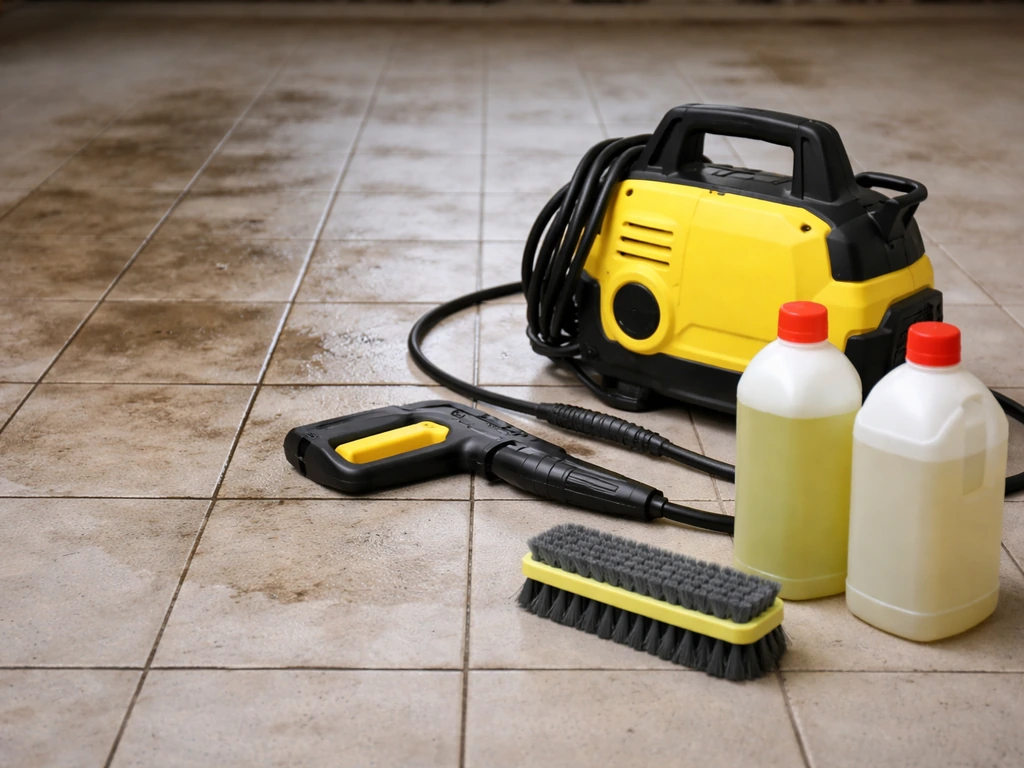 Karcher, brosse dure et dégraissant devant du carrelage à nettoyer, ambiance chantier propre et minimaliste.