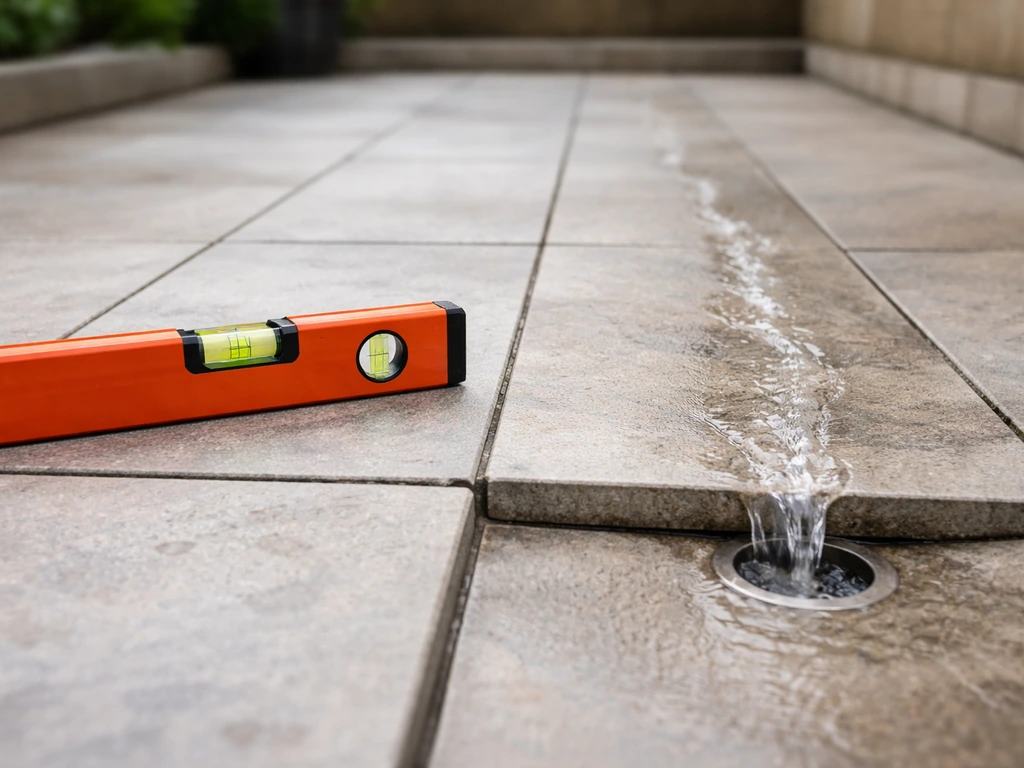 Niveau à bulle posé sur une terrasse carrelée, jet d’eau montrant un écoulement correct vers un siphon.