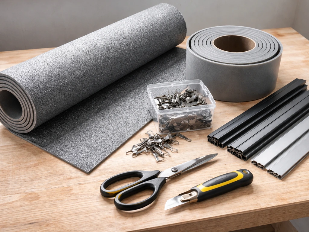 Gros plan sur un kit de pose pour carrelage extérieur : sous-couche mousse, colle, agrafes et outils.