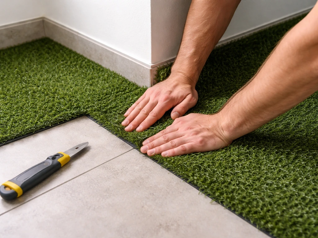 Pose sur carrelage : découpe d’un lé et marouflage au niveau d’un angle, avant les jonctions
