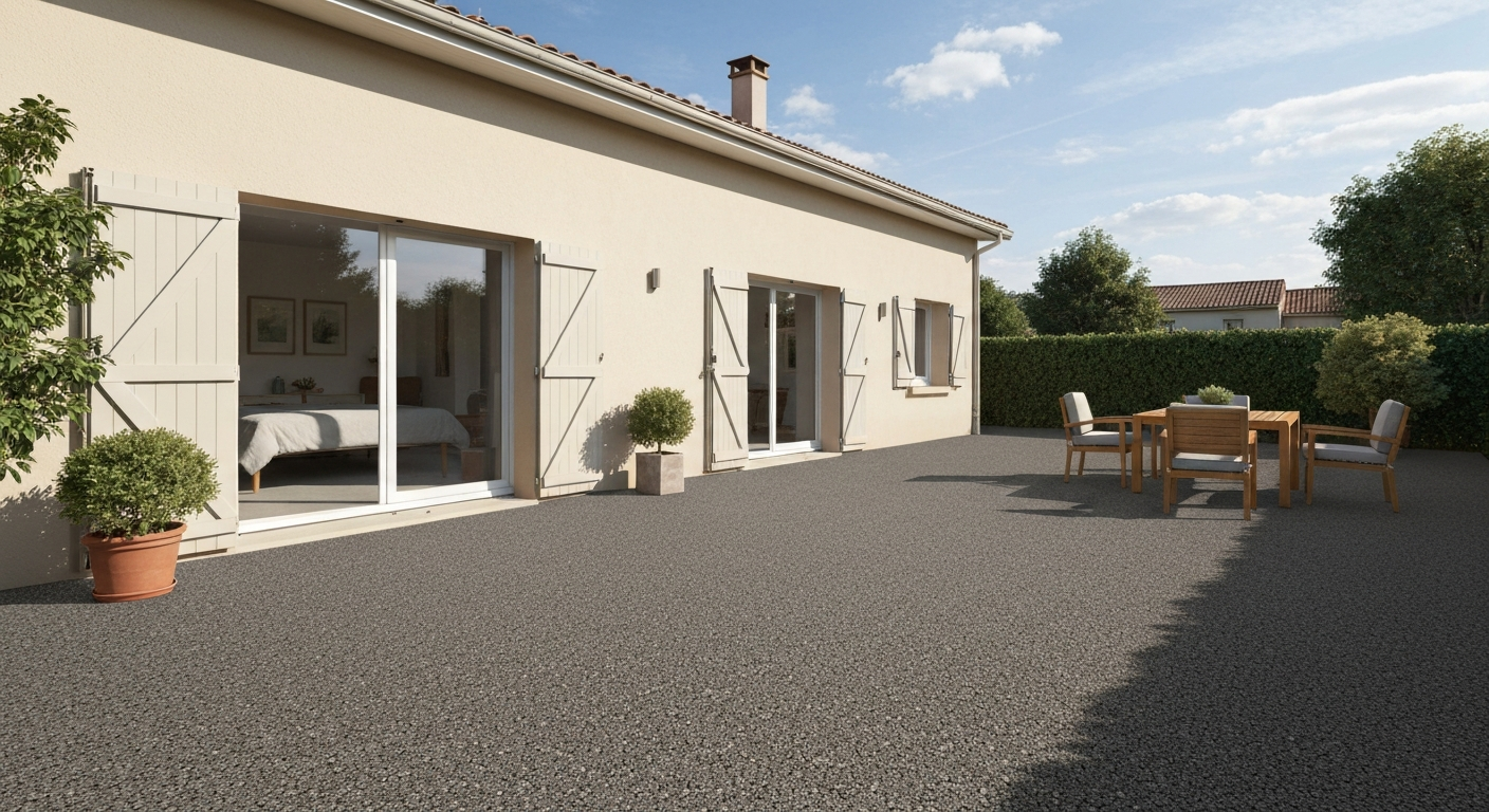 Maison moderne en France avec jardin aménagé en gazon synthétique, mobilier de jardin et bordures en acier corten