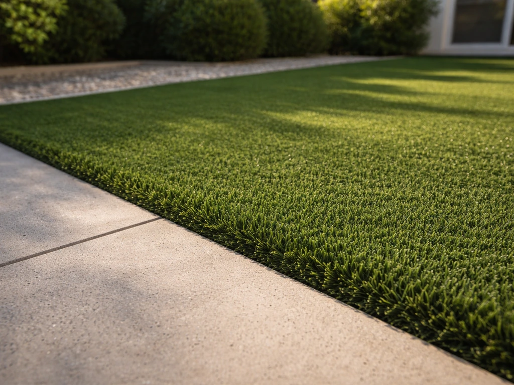 Terrasse extérieure fraîche avec gazon artificiel vert, finitions nettes et drainage visible