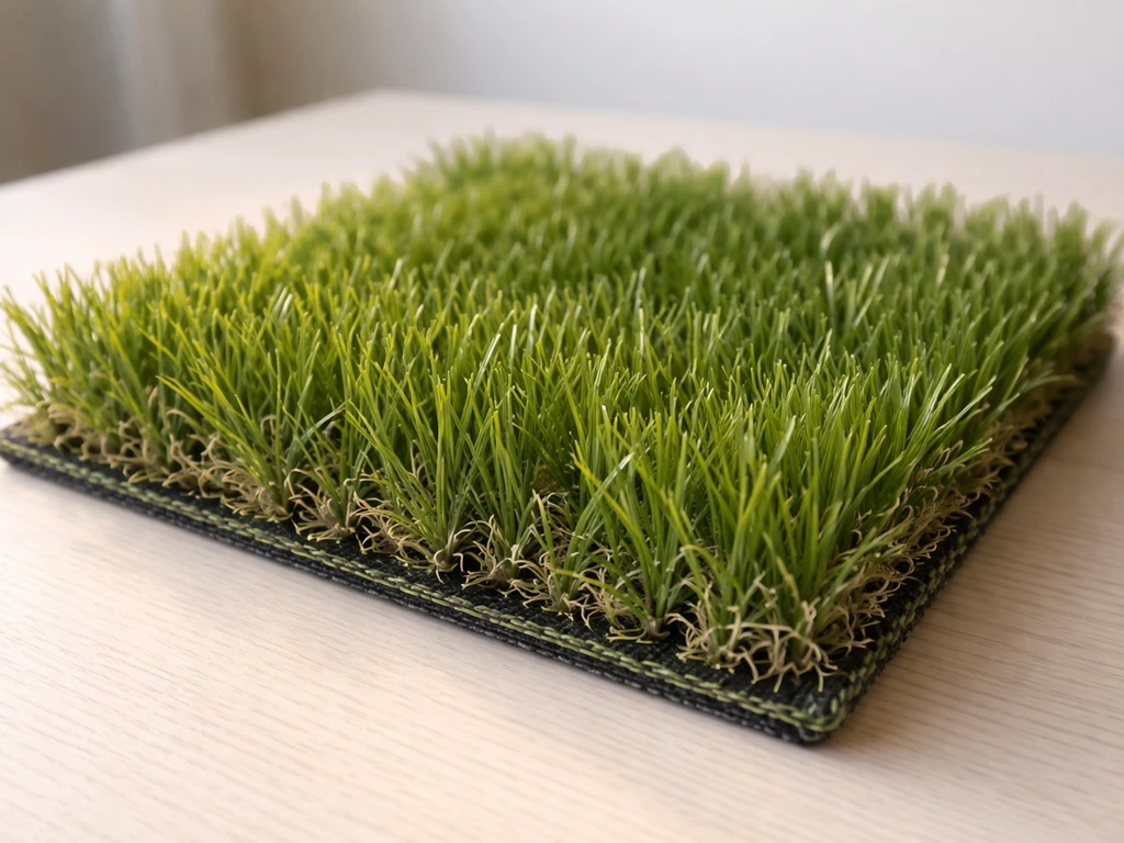 Gros plan sur un échantillon de gazon artificiel montrant des fibres de 20 à 40 mm et le rendu naturel.