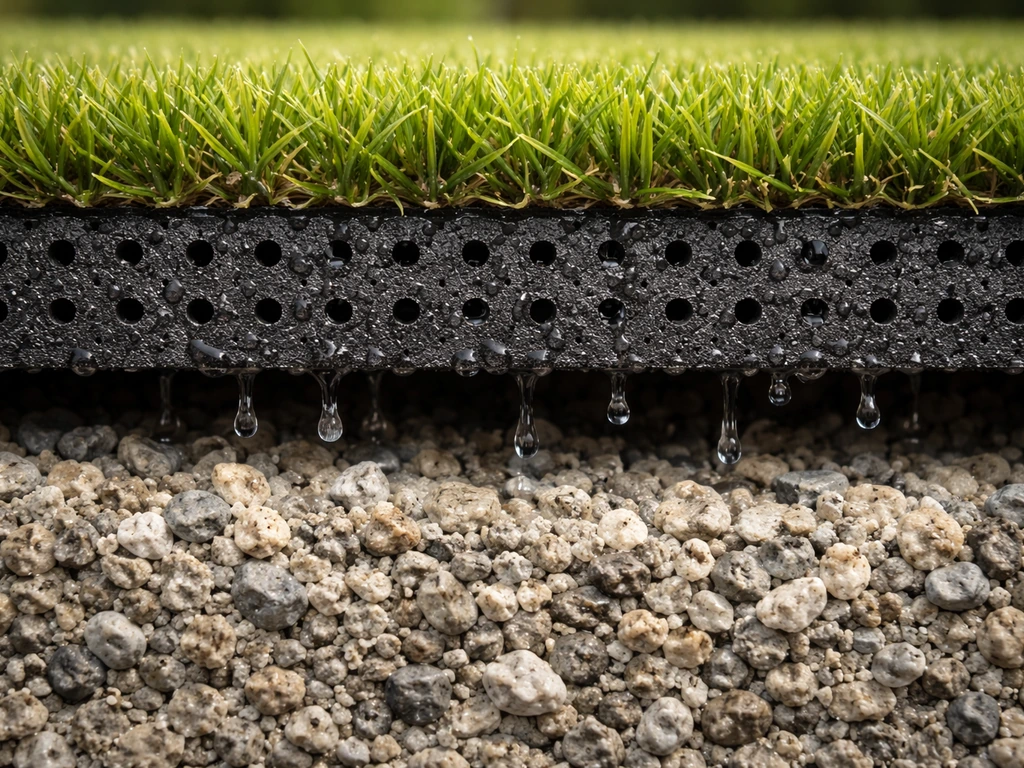 Gros plan sur un système de drainage sous un gazon synthétique, avec perforations et support drainant