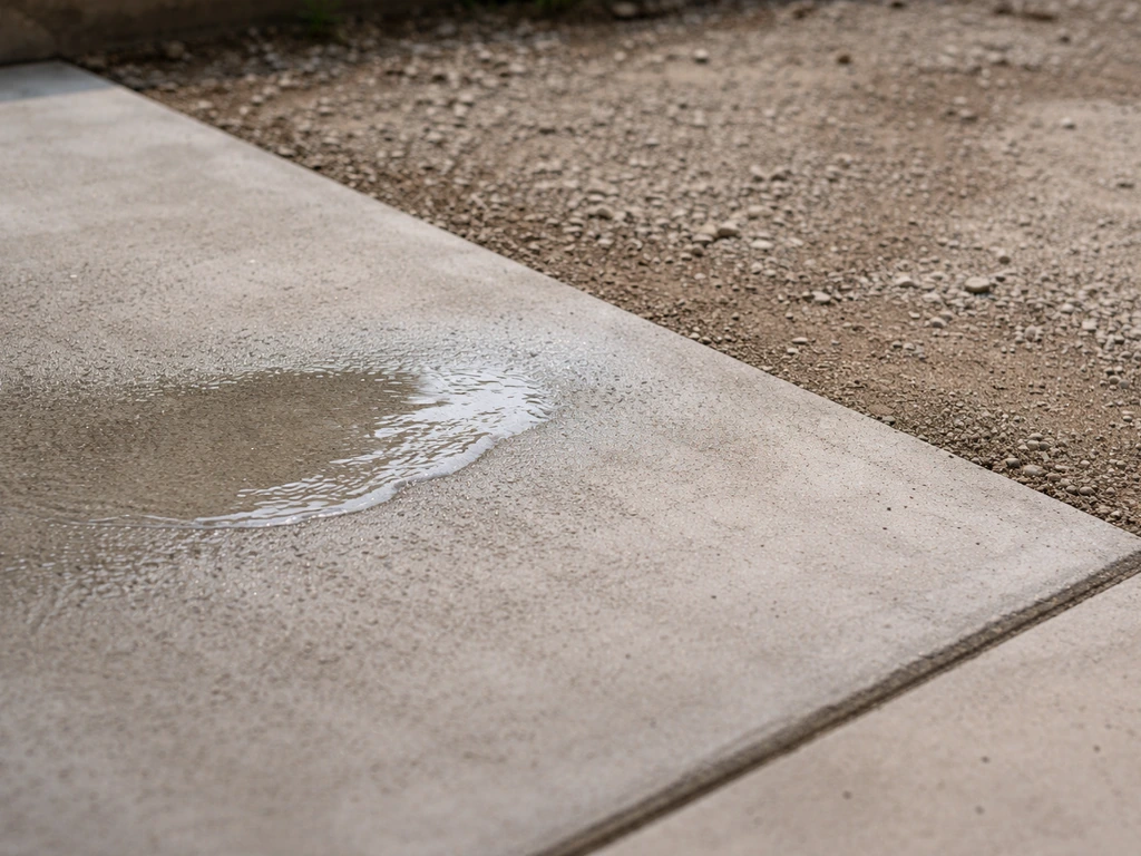 Dalle béton propre avec test d’eau montrant l’écoulement, contraste avec une zone moins préparée.