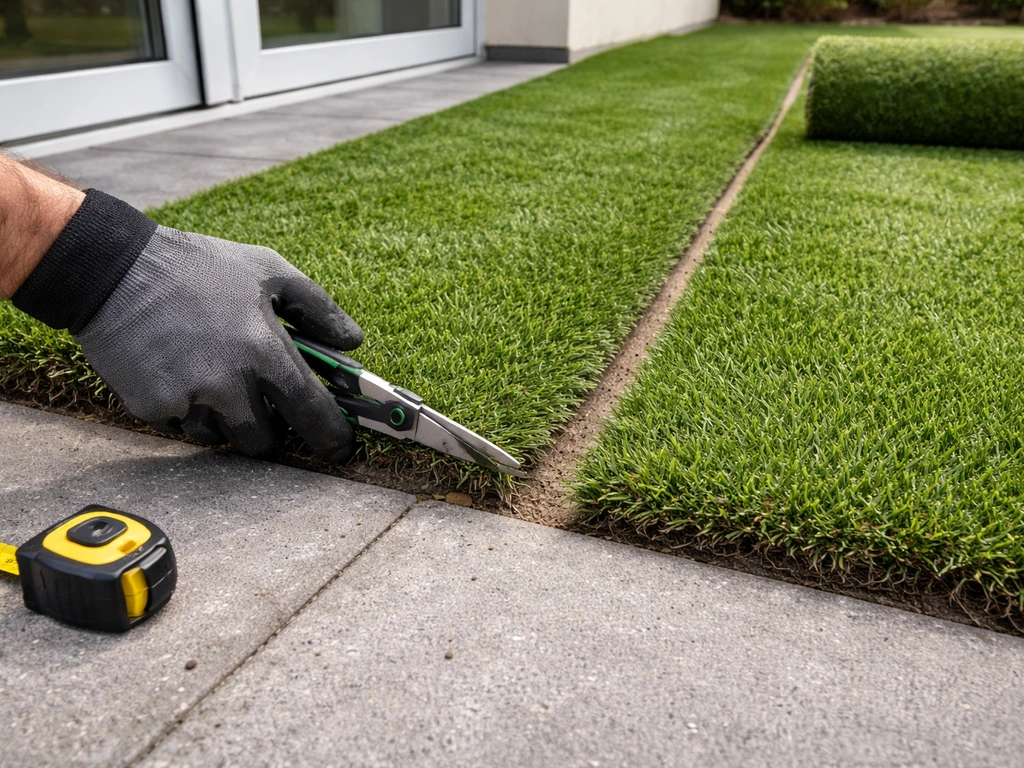 Pose d’un gazon en rouleaux : déroulage et découpe précise au cutter sur une terrasse en béton