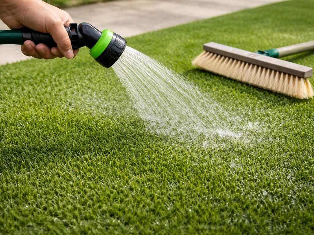 Gazon artificiel rincé au jet d’eau, une brosse à côté pour redresser les fibres.