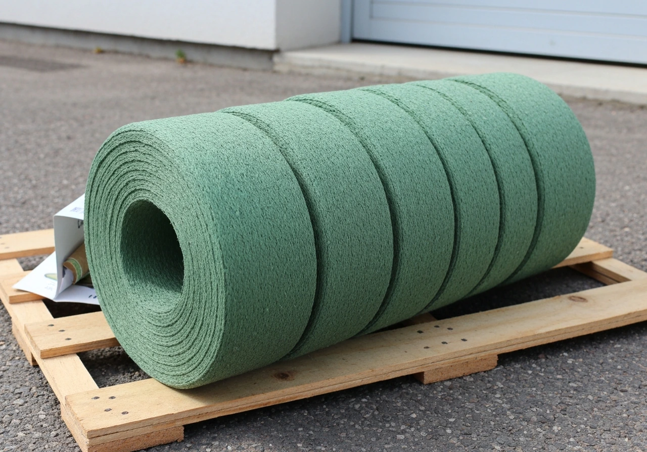Gros plan de rouleaux de gazon synthétique verts sur palette en bois, fibres et texture bien visibles.