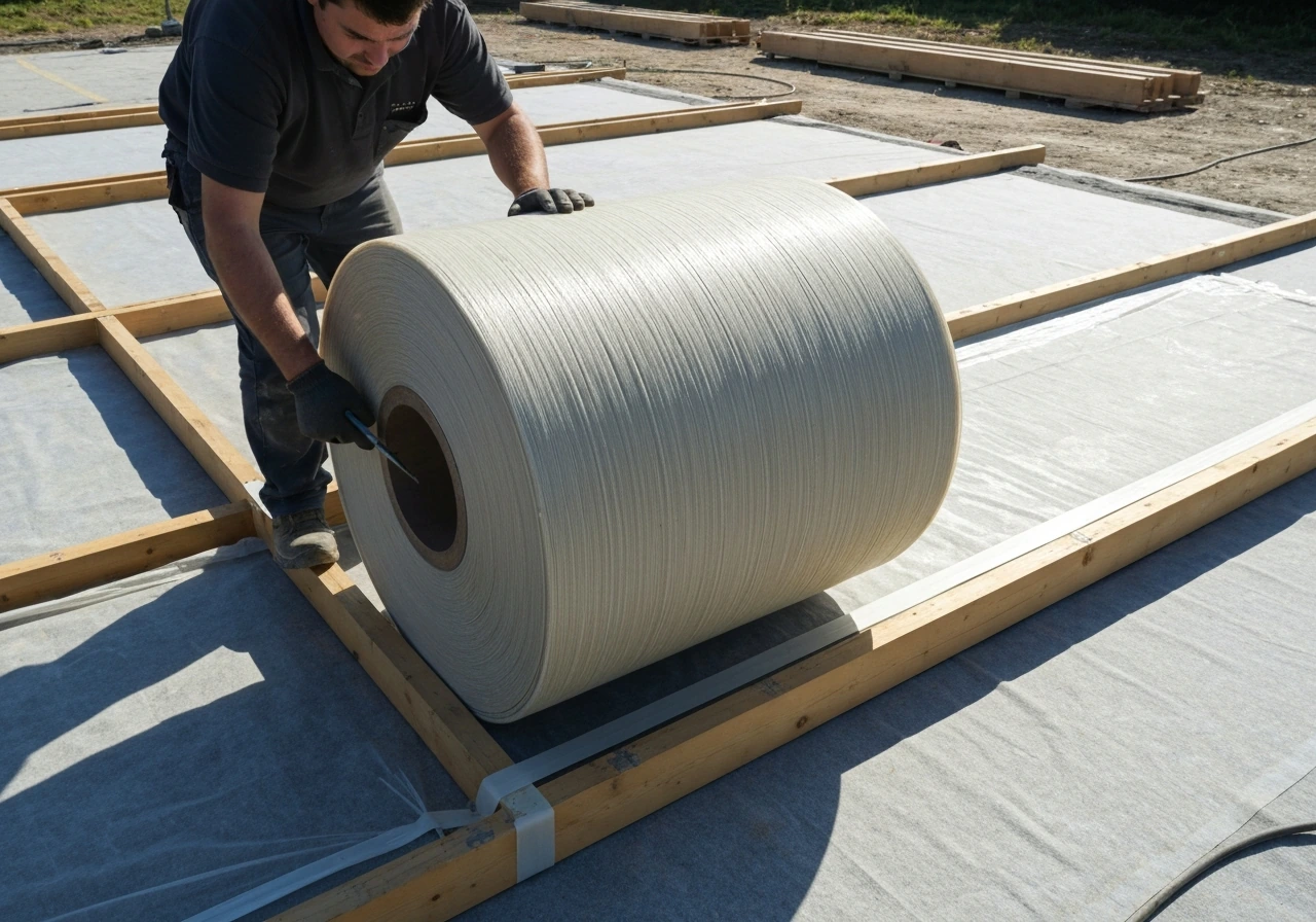 Pose de gazon synthétique sur un chantier, sous-couche en place et rouleau en cours de déroulage.