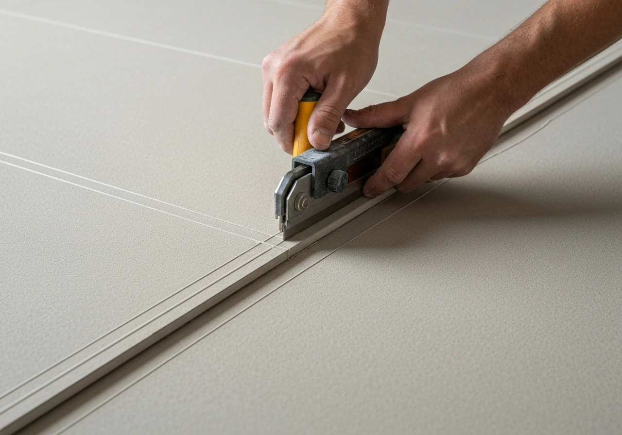 Outil et adhésif appliqués sur carrelage existant, découpe propre au cutter le long des bords