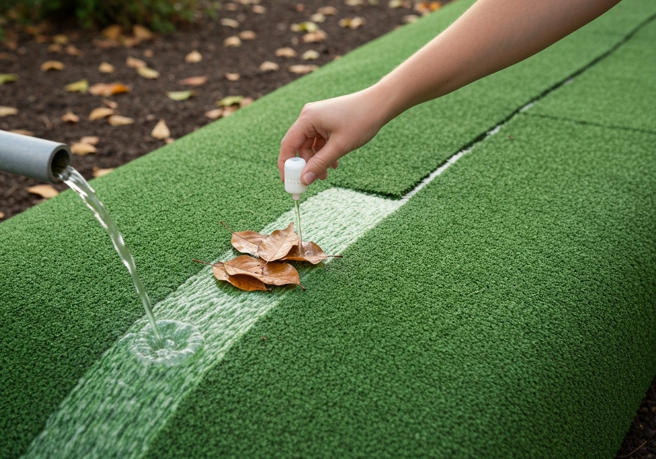 Main utilisant un souffleur et un tuyau d’arrosage pour rincer un faux gazon, avec des feuilles retirées.