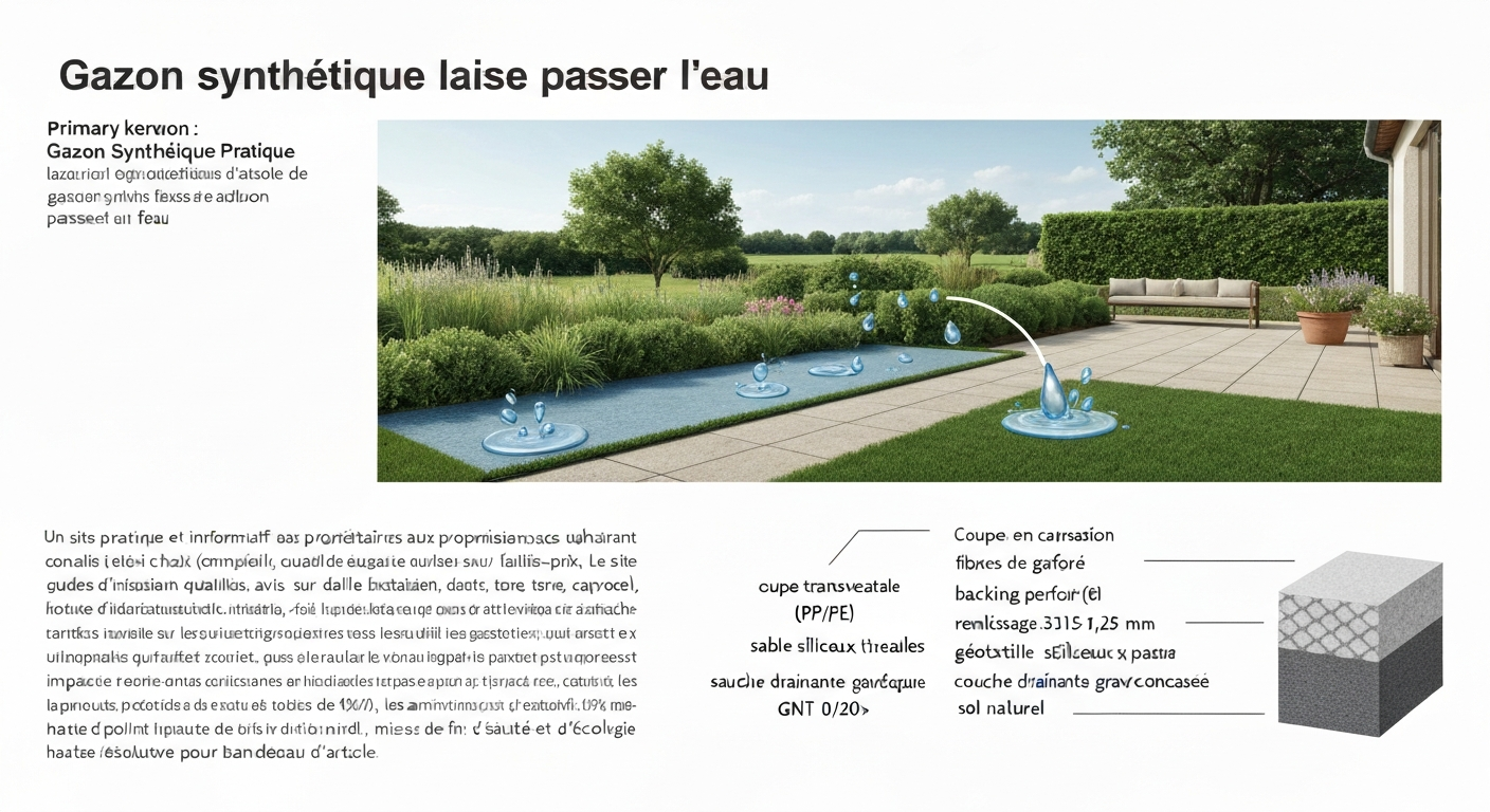 Gazon synthétique sur terrasse avec coupe montrant l'eau qui s'infiltre à travers les couches