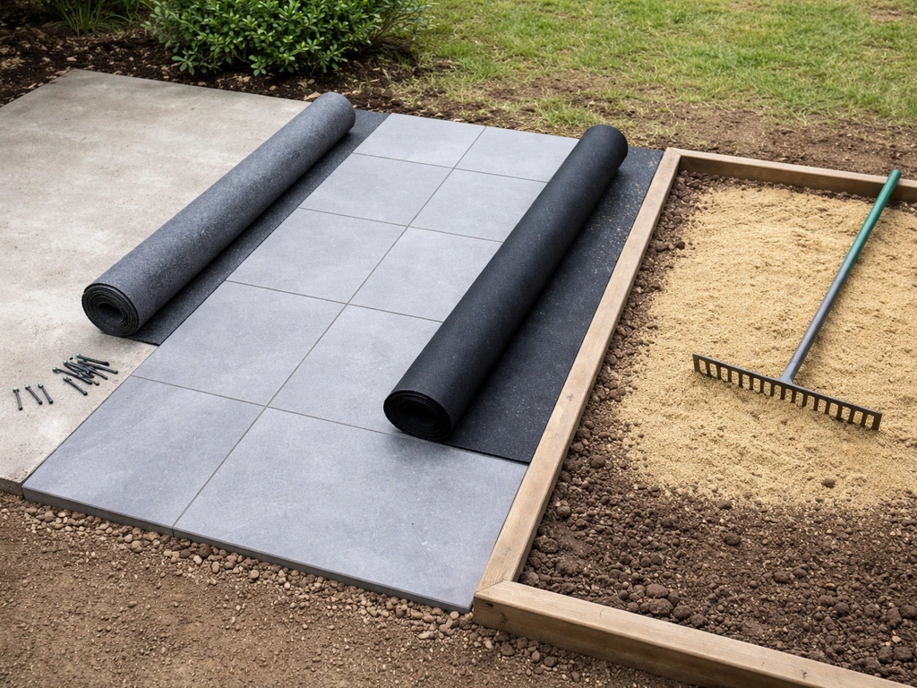 Préparation de trois surfaces (béton, carrelage, terre) avant la pose de gazon synthétique.