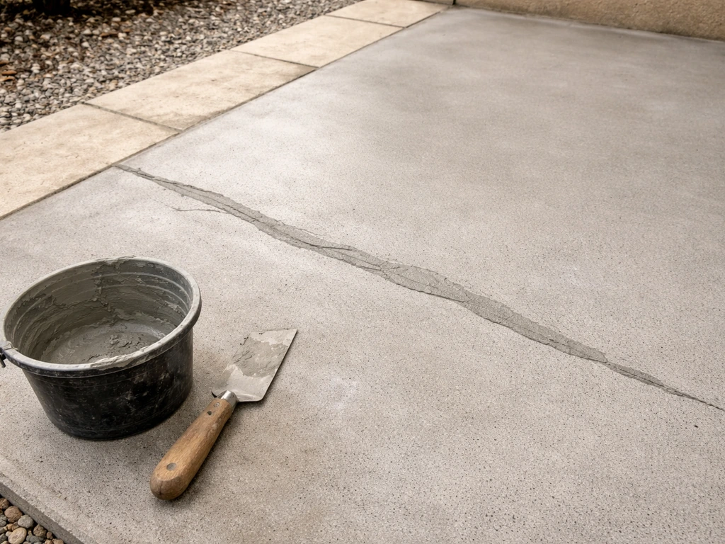 Préparation d’une dalle béton : nettoyage et rebouchage de fissure avant la pose d’un gazon synthétique.