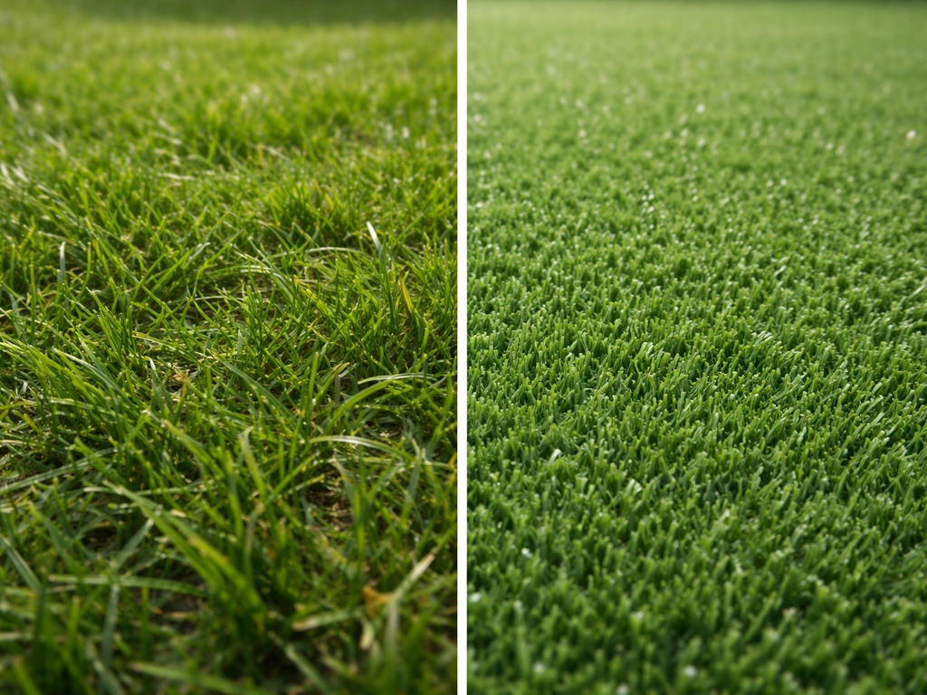 Gros plan en split : texture du gazon naturel à gauche et du gazon synthétique à droite.