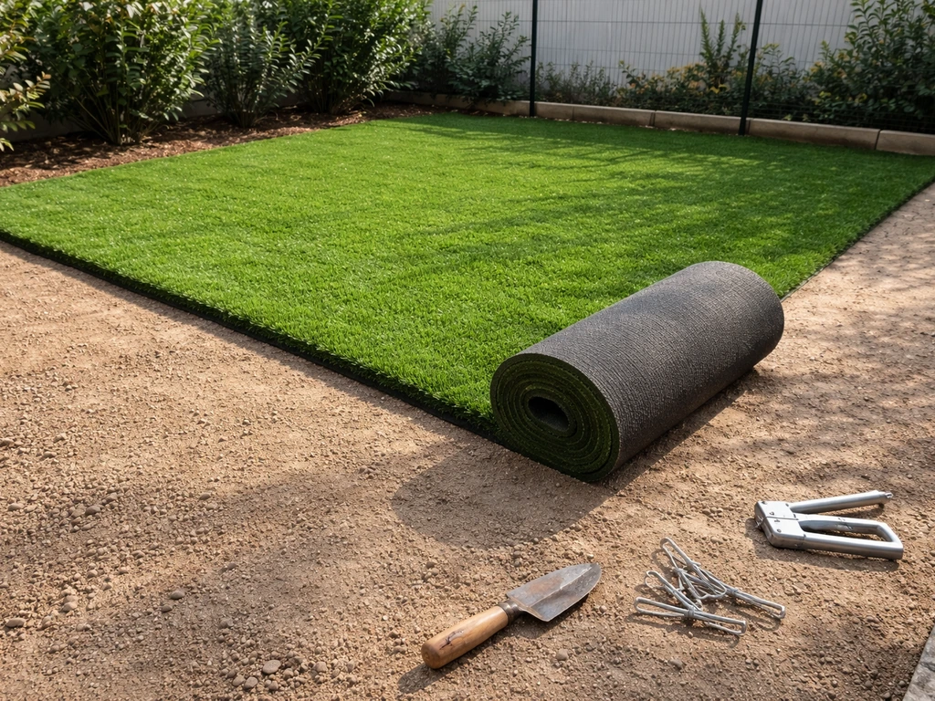 Rouleau de gazon synthétique en cours de pose sur un support de sol préparé, texture bien visible.