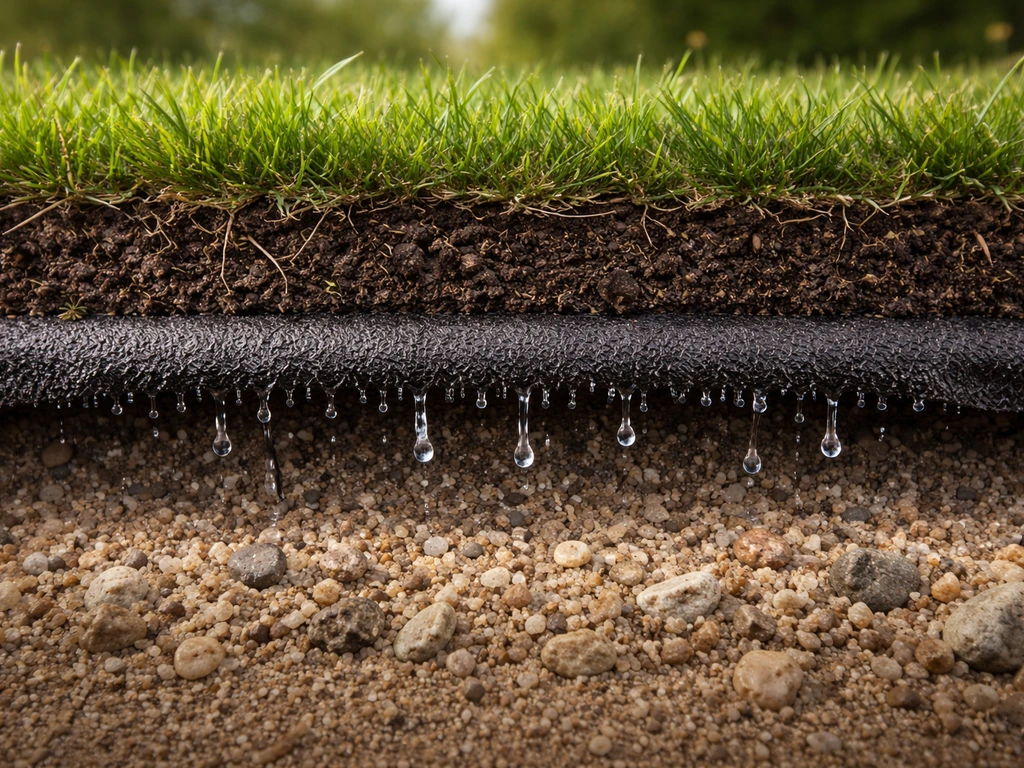 Coupe réaliste d’un géotextile sous gazon naturel, montrant la filtration de l’eau vers le bas.