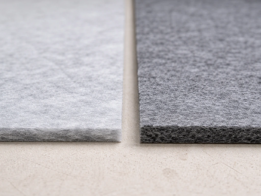 Feutre non-tissé épais posé sur un sol clair, montrant une texture dense et la différence de grammage