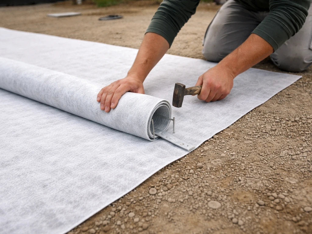 Pose d’un géotextile sur un sol préparé, lés déroulés avec chevauchement visible et bords fixés.