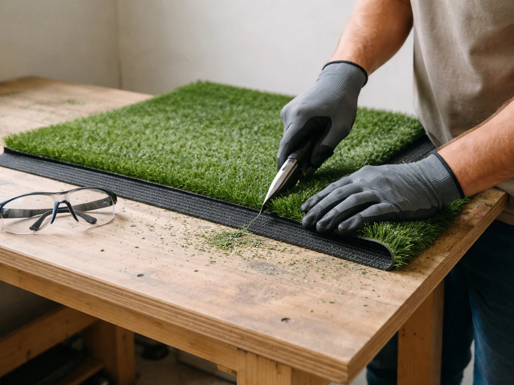 Main gantée coupant du gazon synthétique, lunettes de protection posées à côté, atelier lumineux et propre.