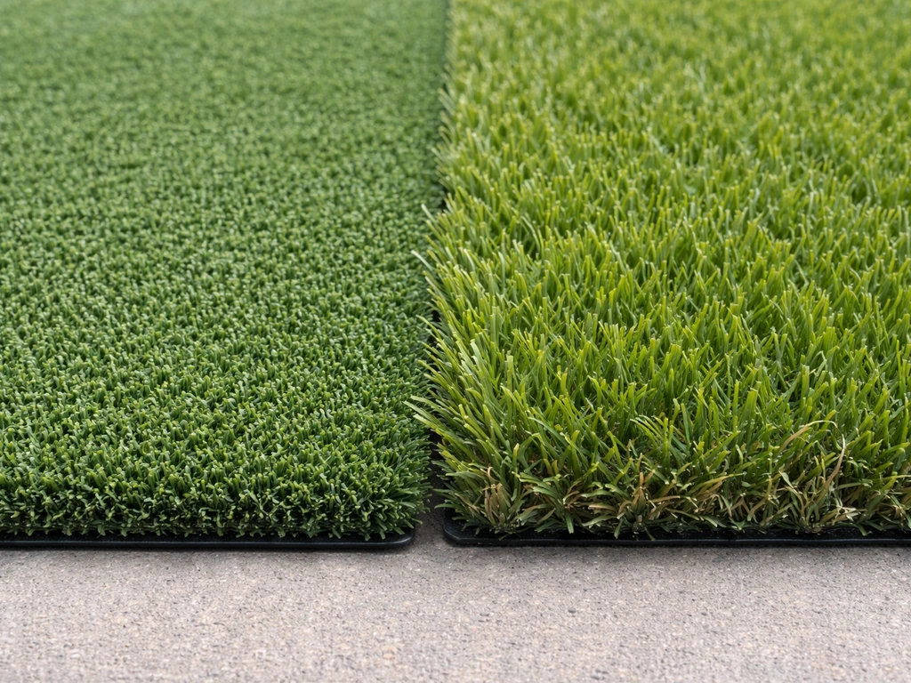 Deux types de gazon artificiel côte à côte, ras à gauche et mi-hauteur à droite, fibres bien visibles.