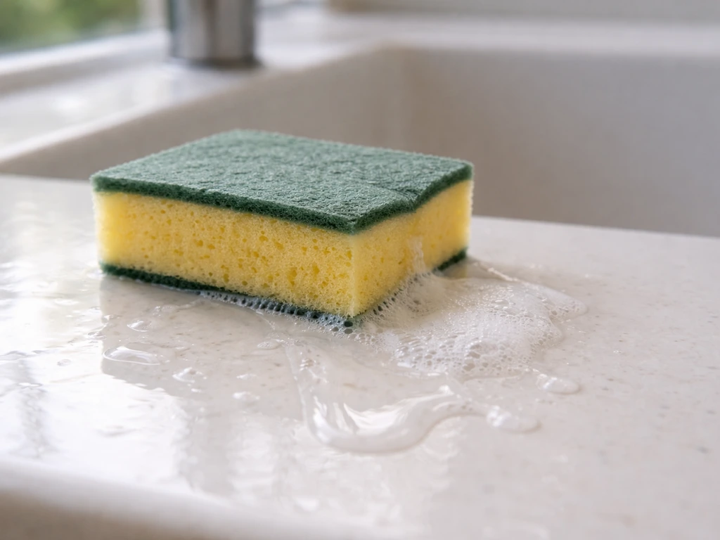 Évier avec une éponge et un peu de savon liquide sur une petite tache, puis rinçage à l’eau claire.