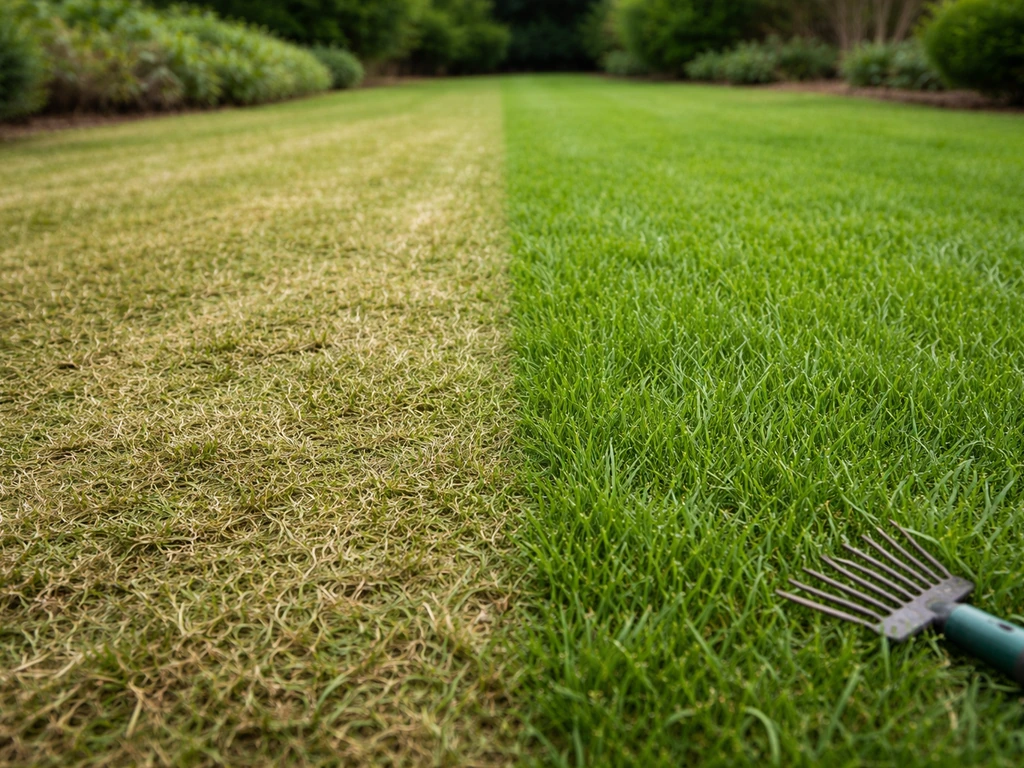 Gazon piétiné et fibres écrasées, puis zone voisine où elles sont redressées par un brossage discret