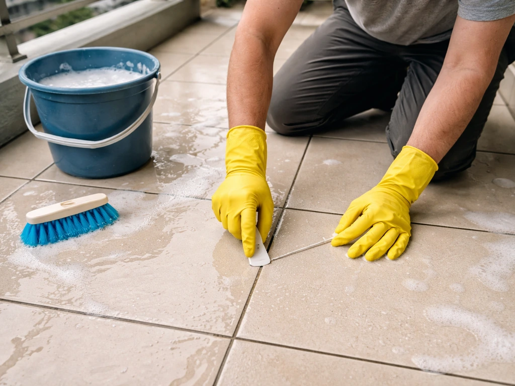 Carrelage de balcon nettoyé et joints vérifiés, mains gantées avec brosse et seau d’eau, lumière naturelle.