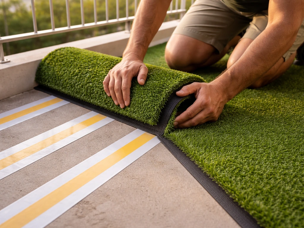 Mains posant un gazon synthétique sur un balcon, fixation par bandes double-face et lissage des découpes.