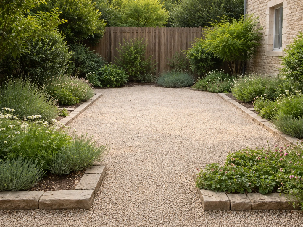 Jardin français minimal : graviers stabilisés et petites plantes basses, rendu soigné sans tonte.