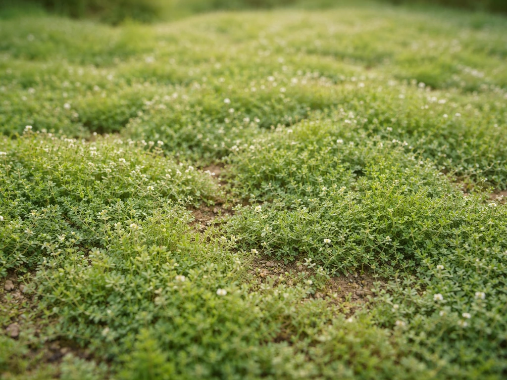 Tapis bas et dense de plantes couvre-sols vertes, au sol, vue rapprochée et naturelle