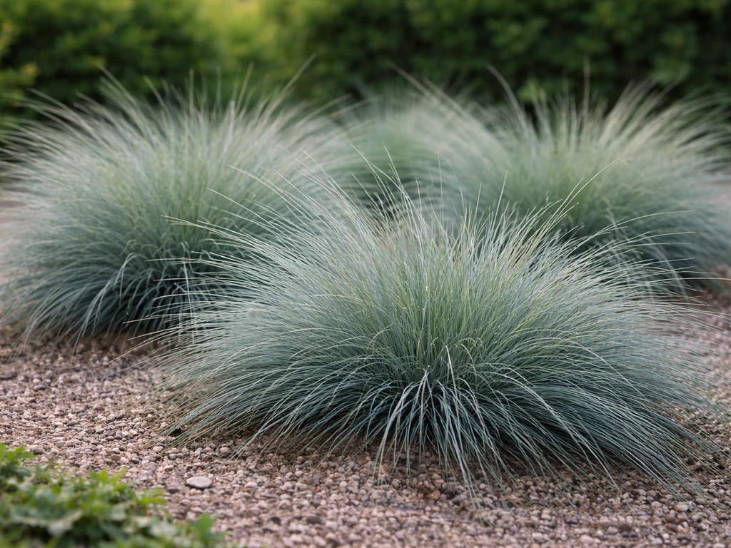 Touffes de fétuque bleue rustique au jardin, feuillage compact en mouvement au soleil.