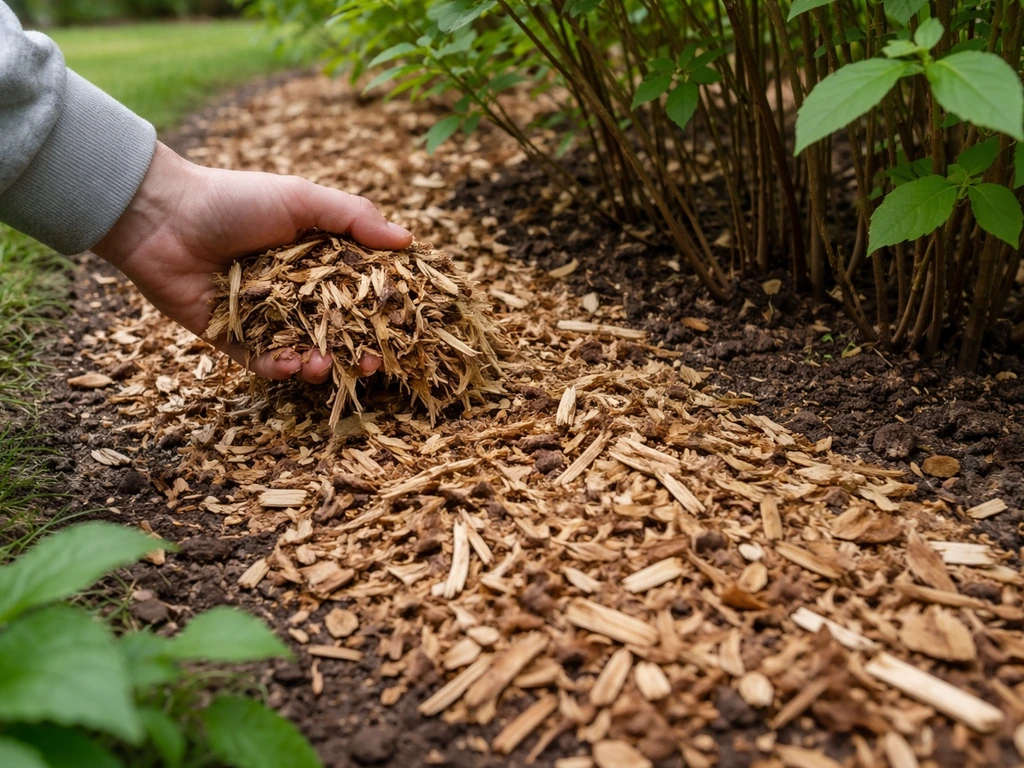 Pose de copeaux de bois au pied d’arbustes, sol recouvert pour limiter les mauvaises herbes.