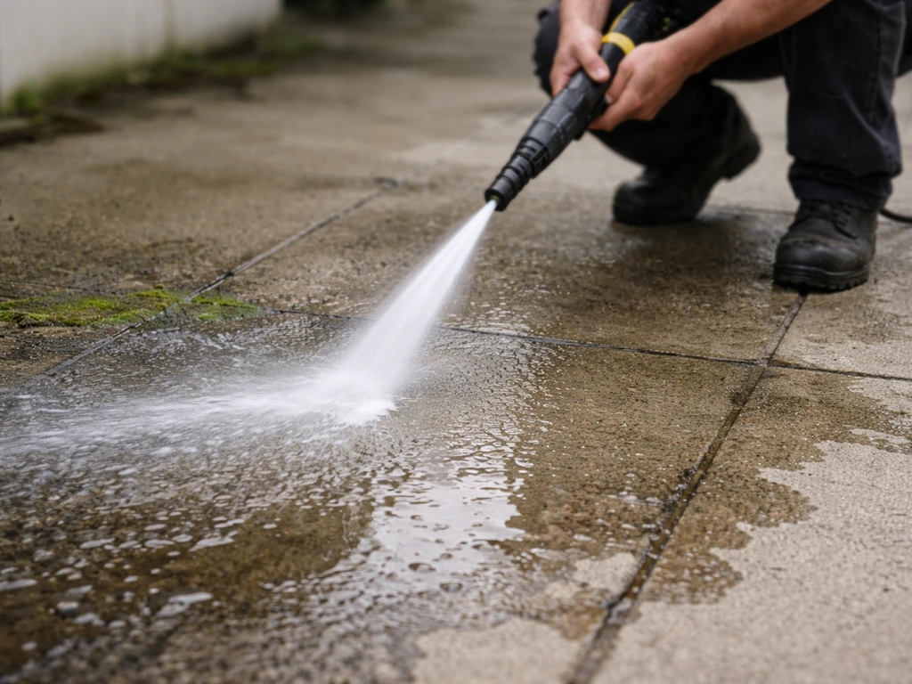 Nettoyage d’une dalle béton au nettoyeur haute pression, eau ruisselante avant séchage.