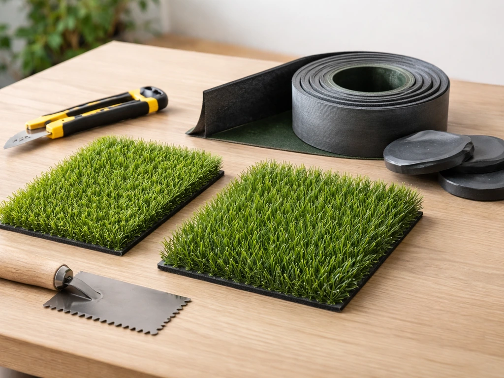 Échantillons de gazon de deux hauteurs et accessoires de pose posés sur une table, éclairage naturel.