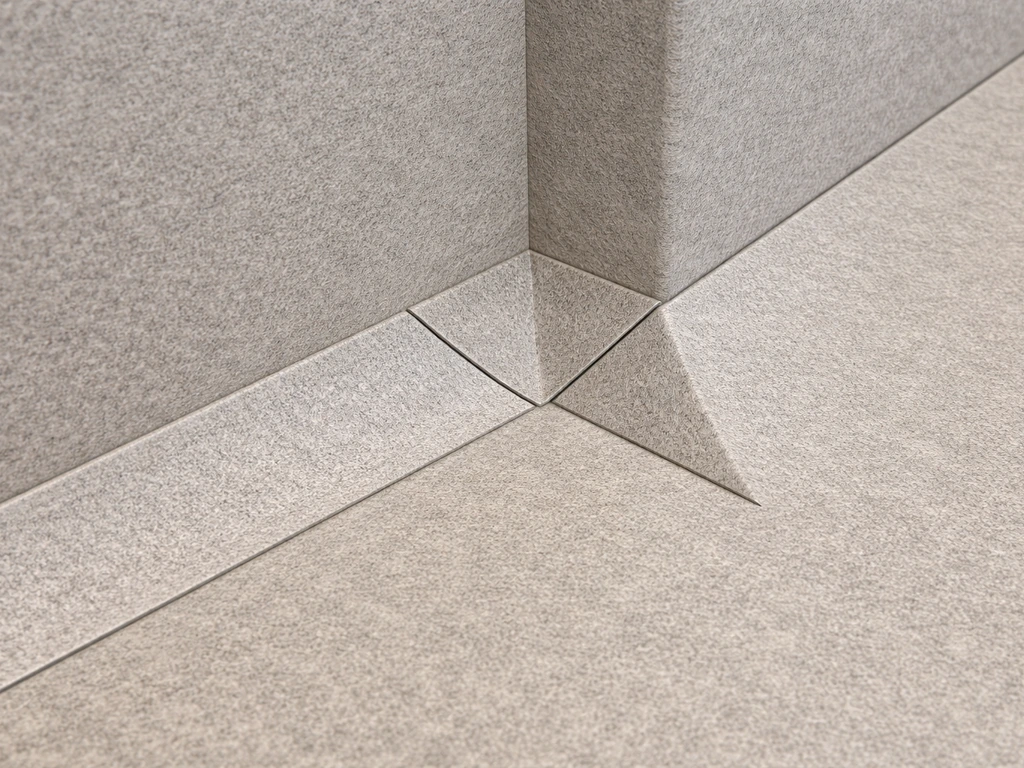 Gros plan sur la jonction d’un coin intérieur en V et d’un coin extérieur recouvert en biais sur un revêtement.
