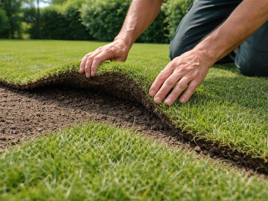 Jardinier soulève et remet à plat une portion de gazon en rouleau gondolée, vue au ras du sol