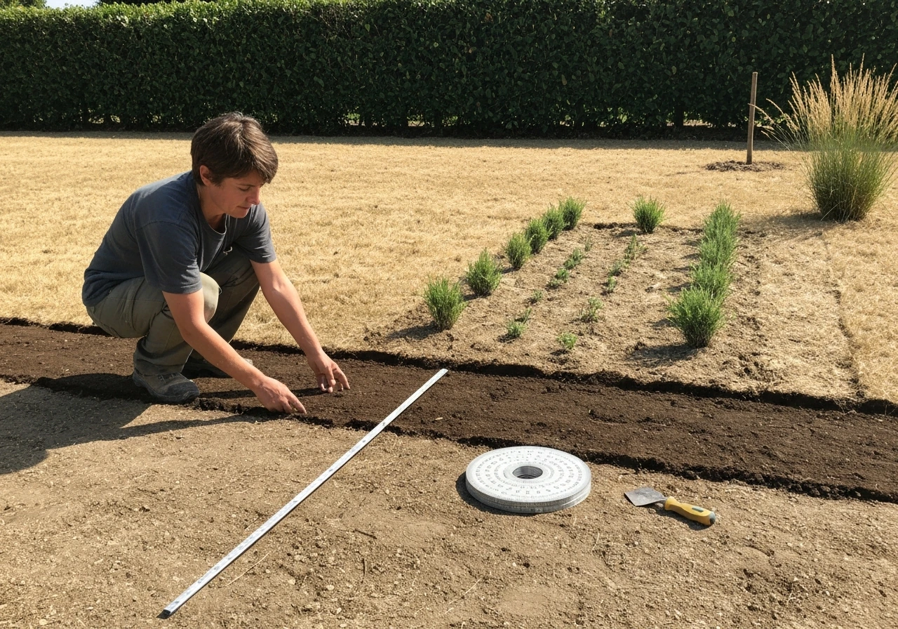 Mains gantées inspectant une zone de terre nue après retrait partiel de pelouse, outil au sol, jardin minimal.