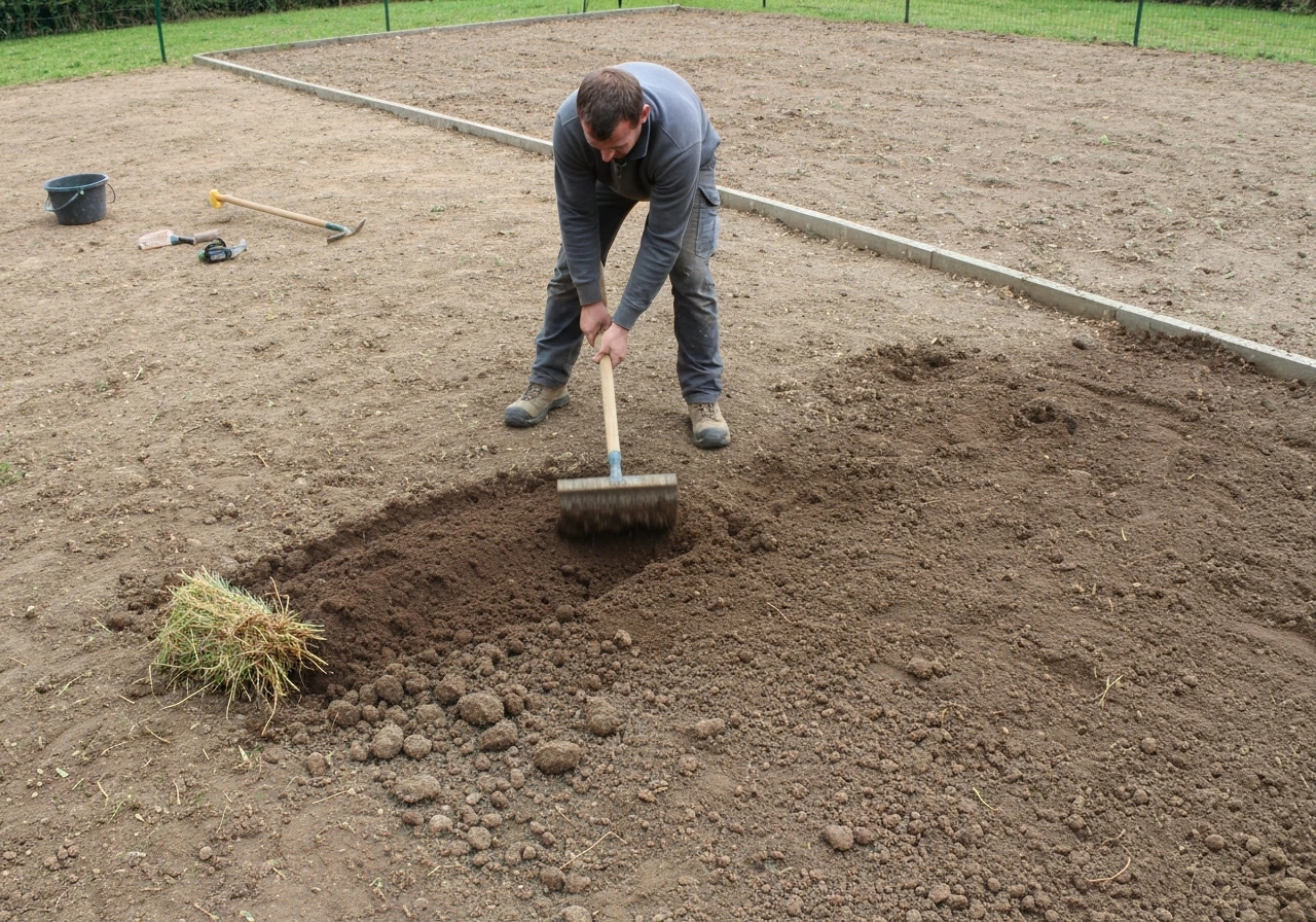 Un jardinier anonyme creuse et retire l’herbe pour décaisser le sol avant travaux, avec pelle et binette.