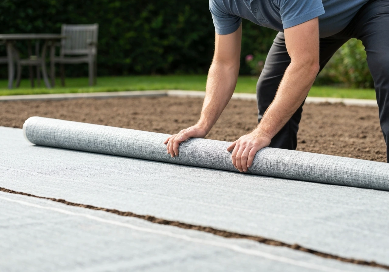 Un paysagiste déroule un géotextile anti-mauvaises herbes sur un sol compacté, vue sur l’aménagement extérieur.