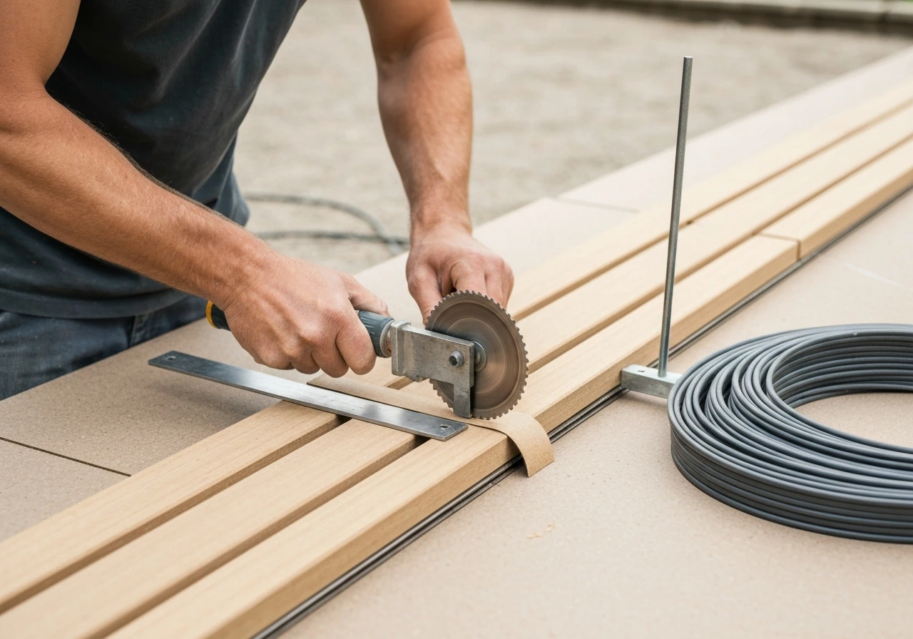 Découpe précise de lés de gazon avec un cutter, guidage au bord pour suivre la forme.