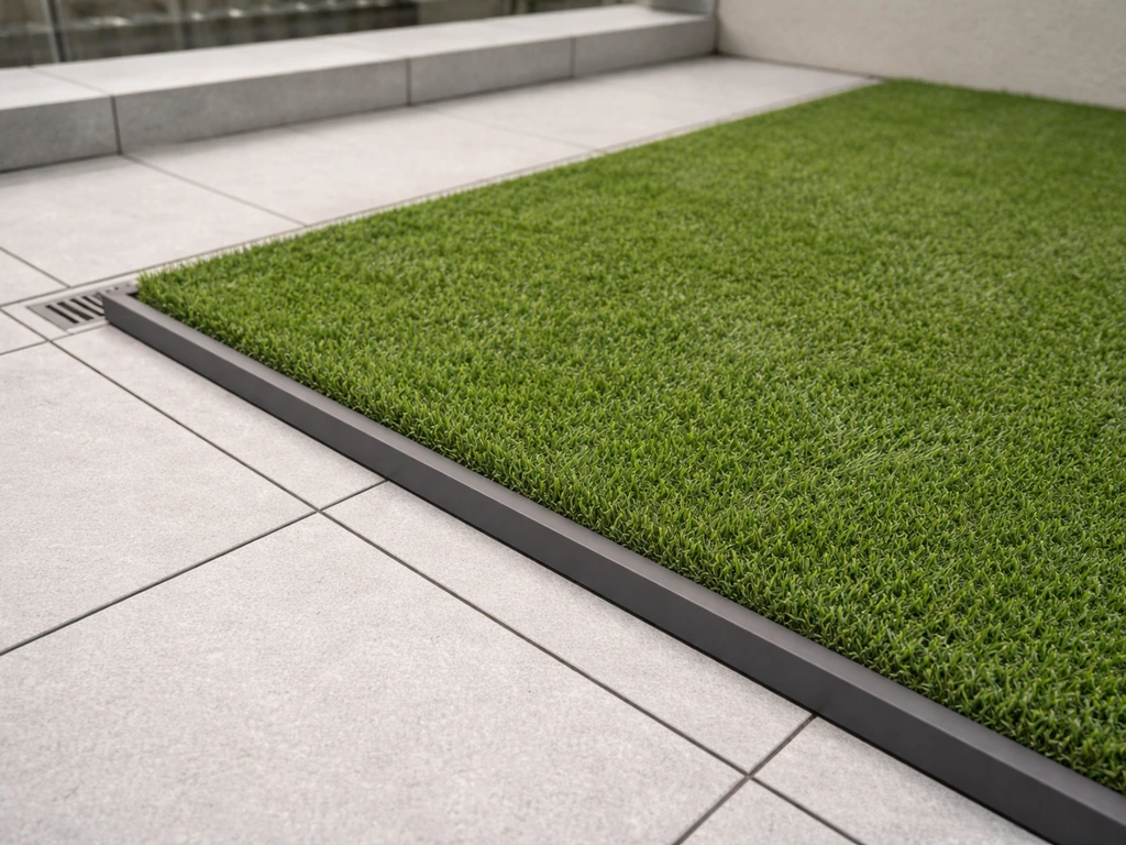 Gazon synthétique vert posé sur carrelage, bordure nette et évacuation visible sur une terrasse ou balcon.