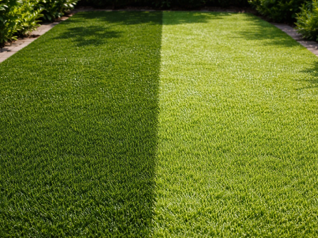 Gazon synthétique vert foncé et vert clair côte à côte, au soleil de midi, texture visible et rendu différent.