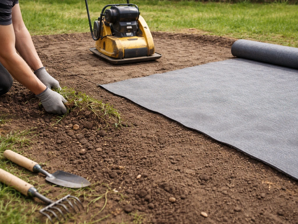 Dans un jardin, géotextile déroulé sur sol nu et plaque vibrante utilisée après retrait des racines.