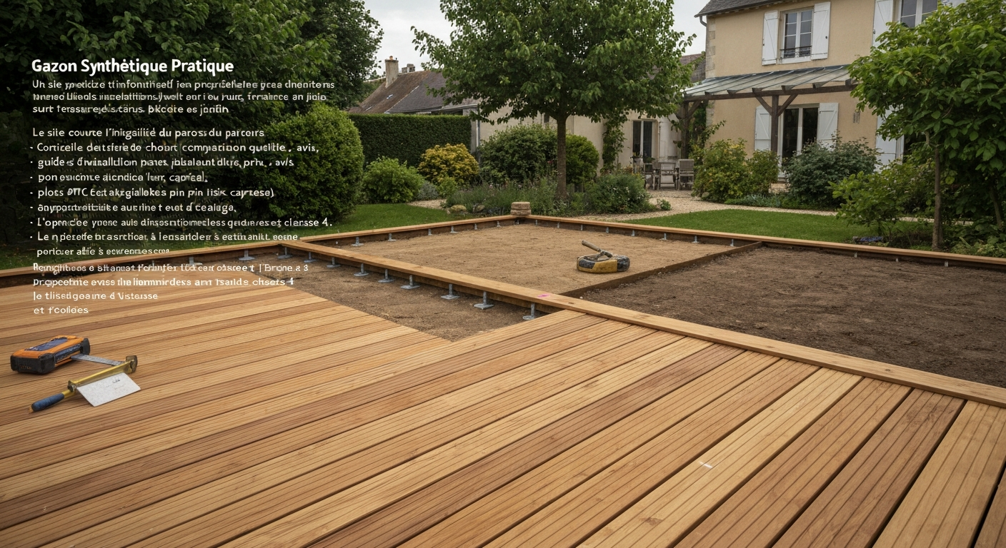 Terrasse en bois en cours de pose sur gazon — vue pédagogique montrant décaissement, géotextile, grave, plots, lambourdes et lames.