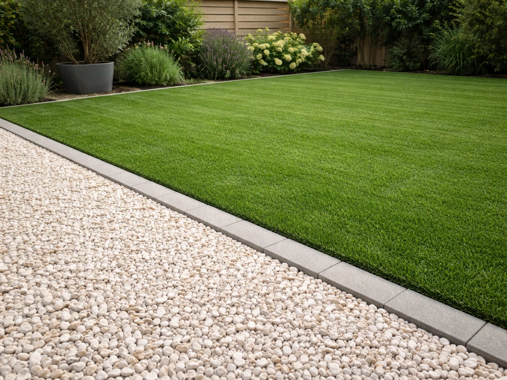 Cailloux déco jardin avec gazon synthétique : pose et entretien
