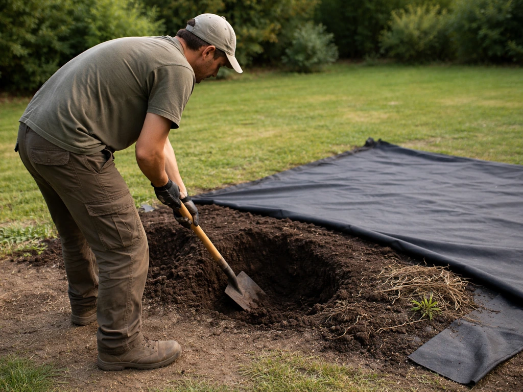 Jardinier décaissement du sol et pose d’un géotextile anti-mauvaises herbes, racines nettoyées, terre noire.
