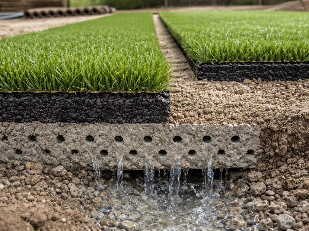 Coupe réaliste de gazon synthétique avec couche drainante et évacuation, sans eau stagnante visible.