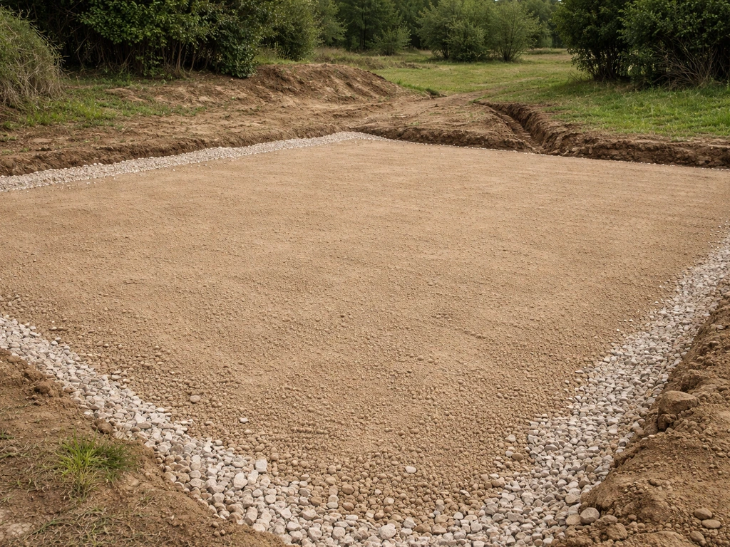 Fond de forme décapé : sol compacté nivelé avec couche de gravats et légère tranchée de drainage.